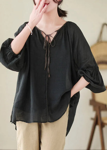 Natural Black V Neck Patchwork Ramie Shirt Spring