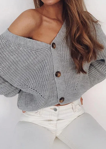Boutique Khaki V Neck Button Knit Cardigan Fall