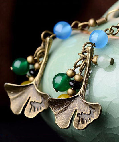 Multi Agate Ginkgo Leaf Made of Copper Drop Earrings