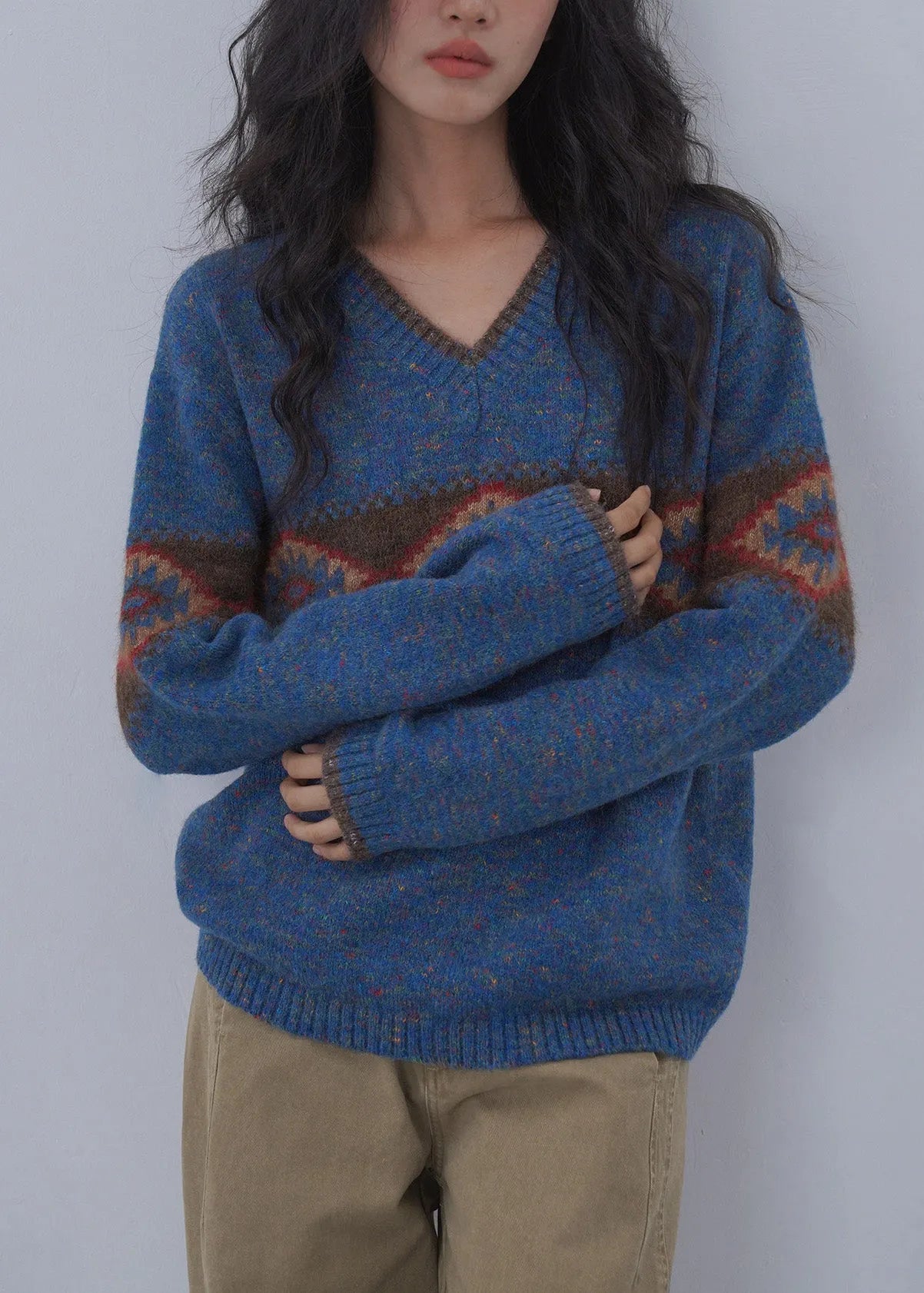 Italian Blue V Neck Jacquard Knitted Sweaters Tops Spring