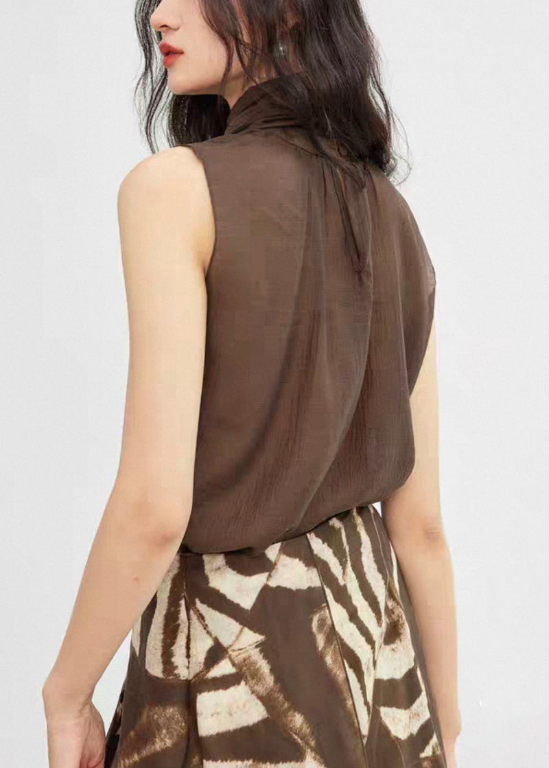 New Coffee Turtleneck Lace Up Cotton Top Sleeveless