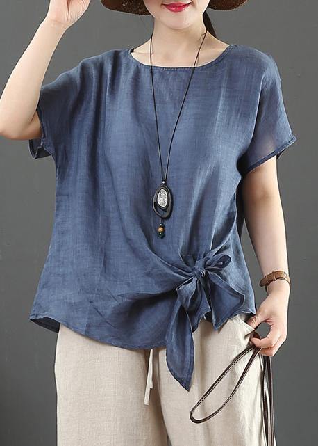Navy Linen Cotton Blouses Sewing O Neck Bow Summer Blouses