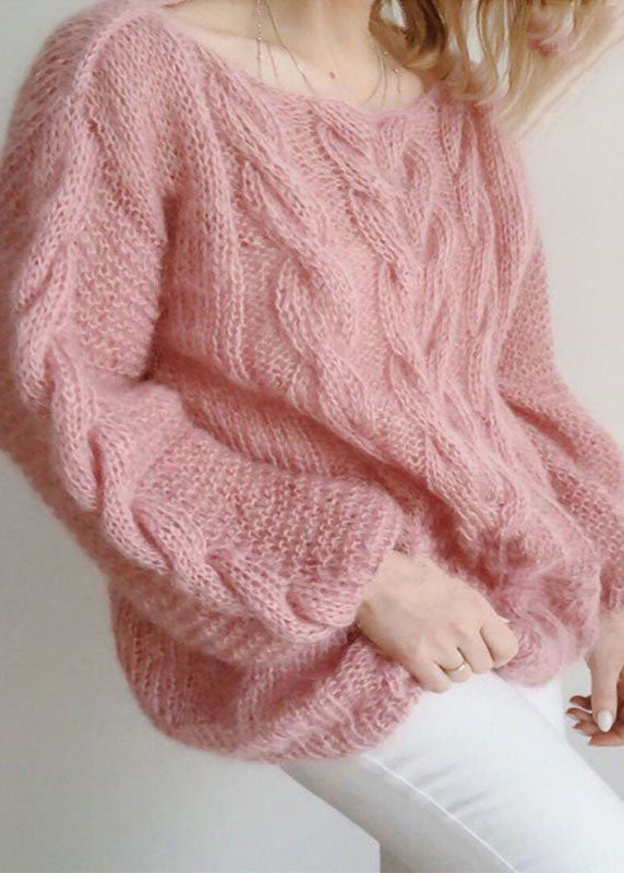 Pink Slash Neck Hollow Out Knit Sweaters Winter