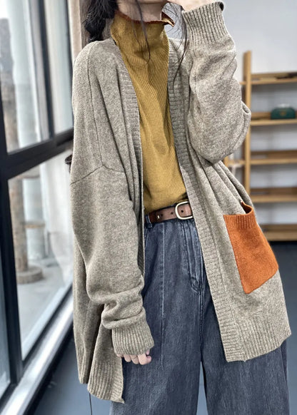Khaki Pockets Patchwork Knit Cardigan Fall