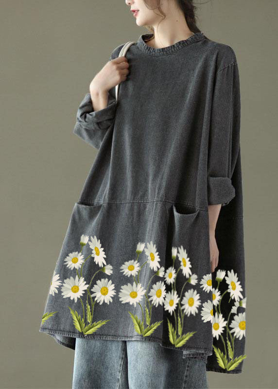 Black Grey-white Flowers O-neck Pockets Denim Long Dresses Long Sleeve