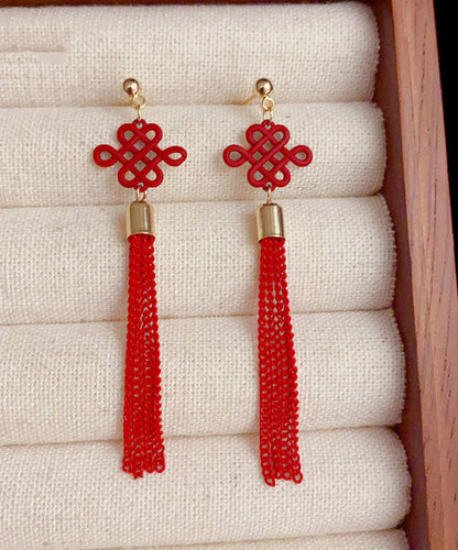 Chinese Style Red Sterling Silver Overgild Chinese Knot Tassel Drop Earrings