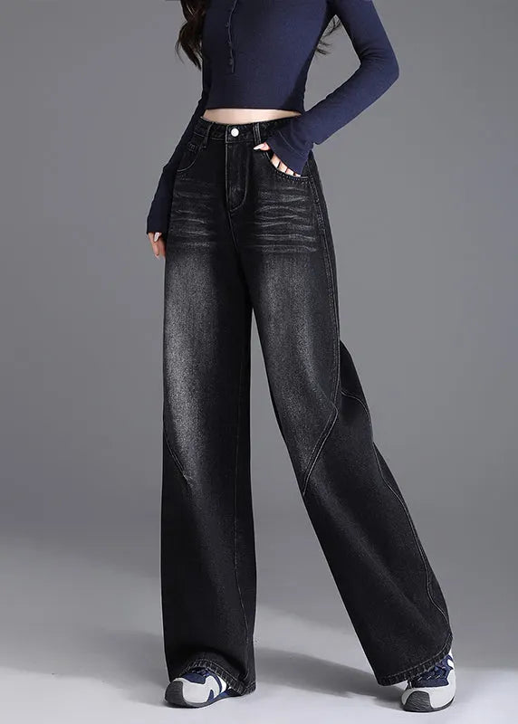 Unique Black Pockets Patchwork Denim Pants Spring