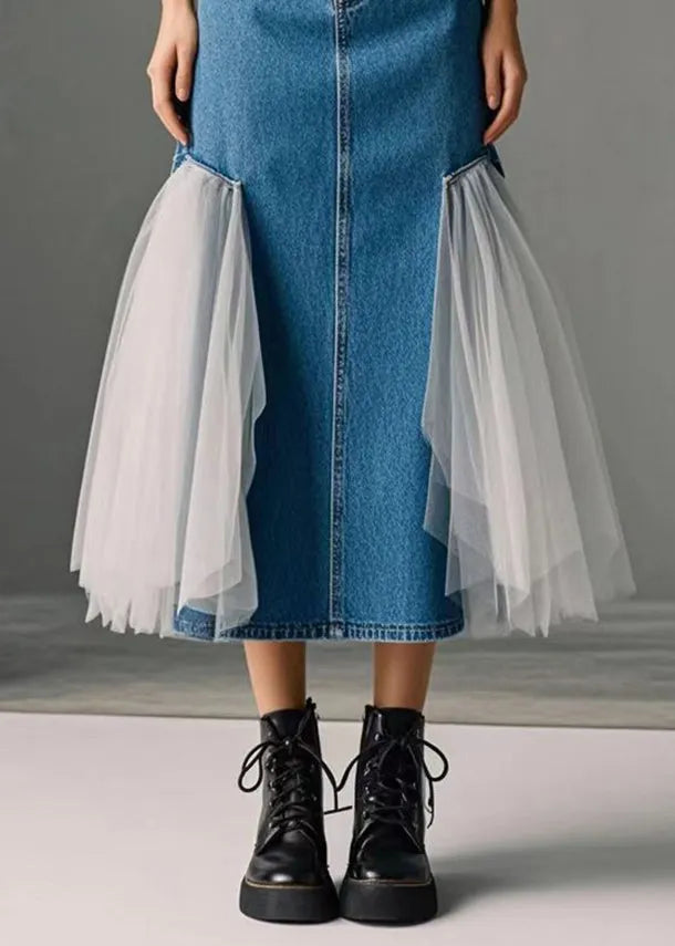 Blue High Waist Patchwork Tulle Denim Wraped Skirts Spring