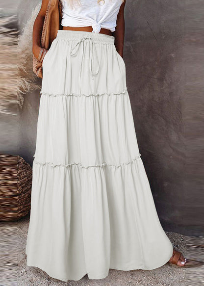 White Ruffled Patchwork Elastic Waist Maxi Skirts Summer