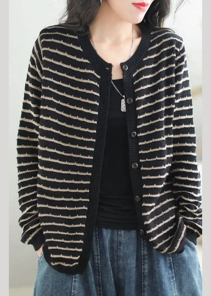 Black O-neck Striped Patchwork Button Cozy Cotton Knit Sweaters Coats Fall