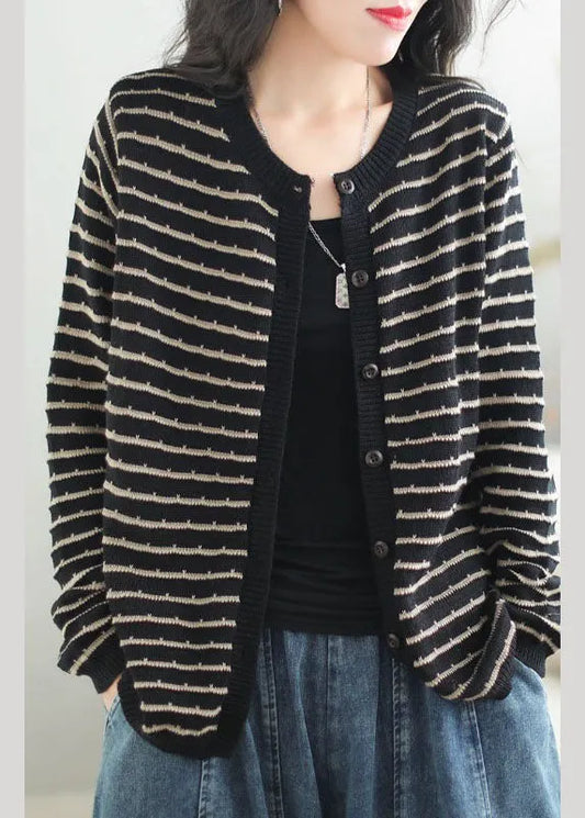 Black O-neck Striped Patchwork Button Cozy Cotton Knit Sweaters Coats Fall