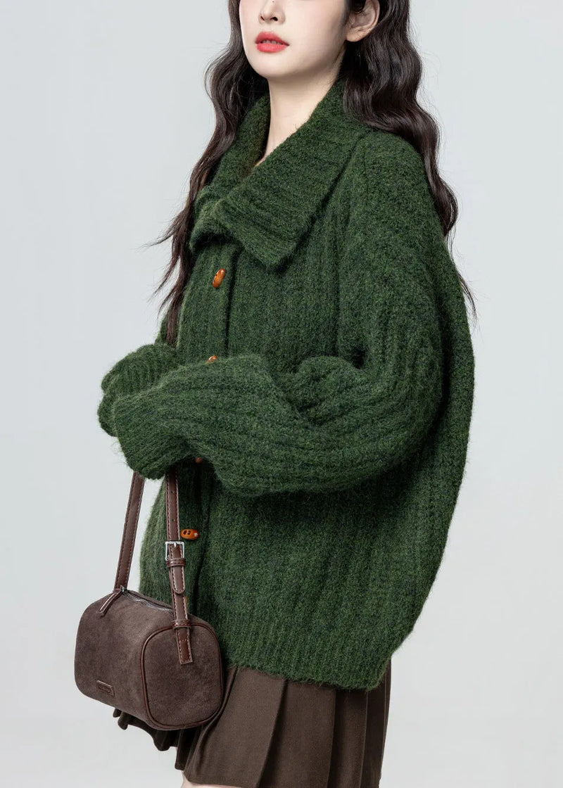 Green Stand Collar Button Cozy Knit Coat Winter