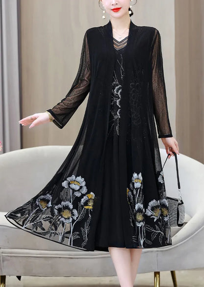 French Black V Neck Embroideried Ice Silk Long Sunscreen Cardigans Summer