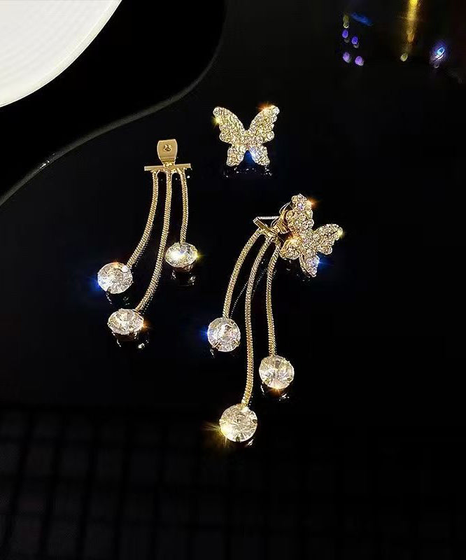 Gold Copper Overgild Zircon Butterfly Tassel Drop Earrings