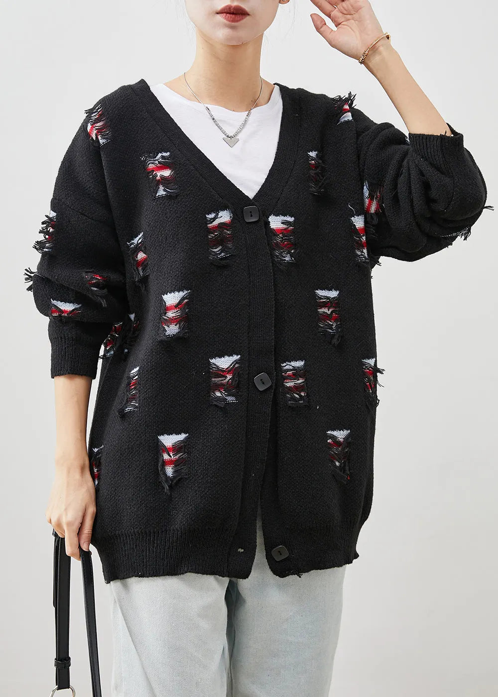 Black Oversized Ripped Thick Knit Coat Spring