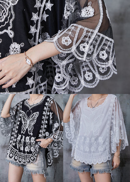 White Embroidered Butterfly Cotton Blouses Summer