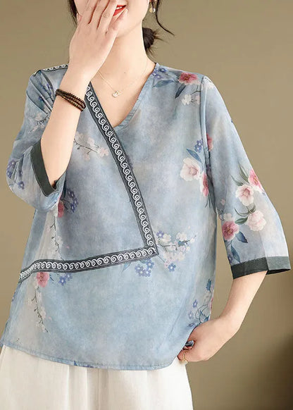 Blue V Neck Print Patchwork Cotton Tops Summer