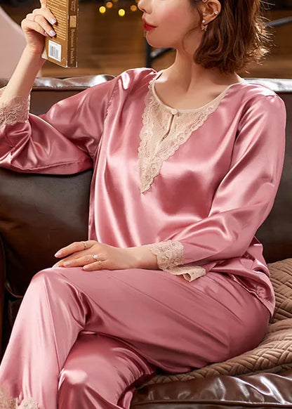 Pink Lace Patchwork Silk Pajamas Two Pieces Set