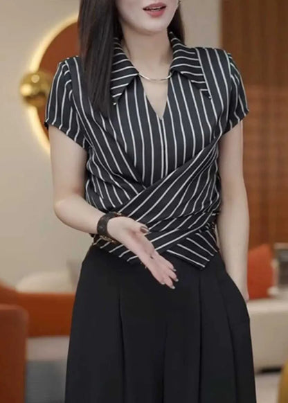 New Black Stripe Peter Pan Collar Chiffon Top Summer