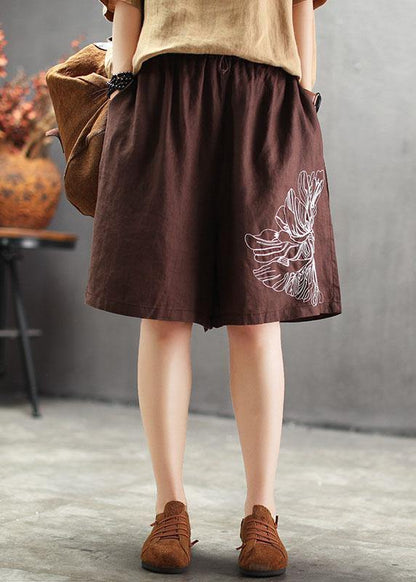 Art Chocolate Embroidered Tie Waist Linen Hot Pants