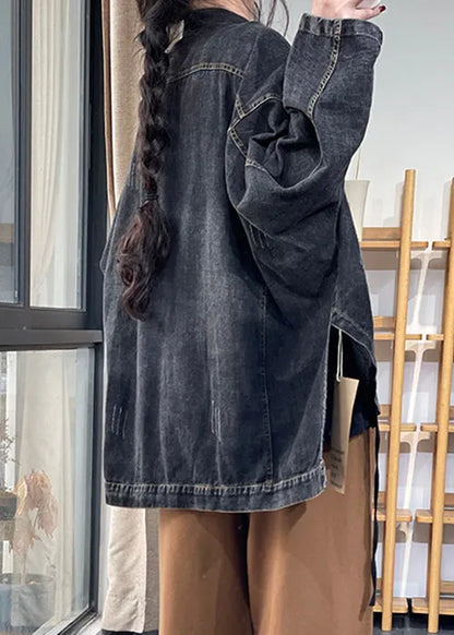 Black Peter Pan Collar Button Pockets Denim Coats Long Sleeve