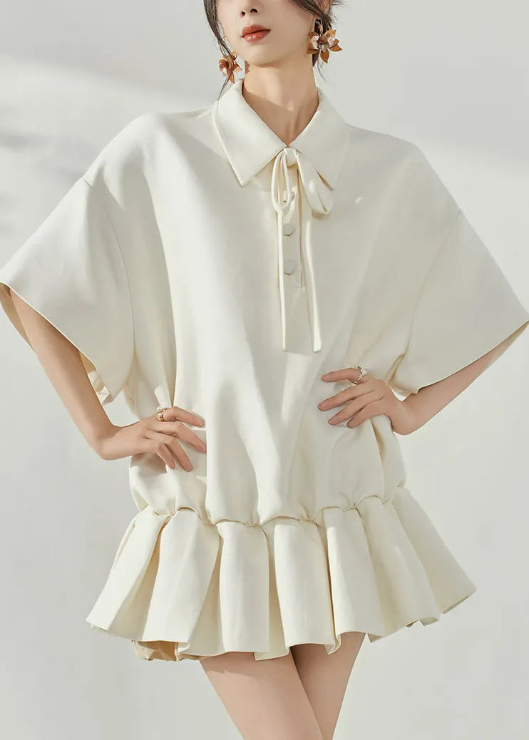 White Peter Pan Collar Tie Lace Mid Dresses Short Sleeve