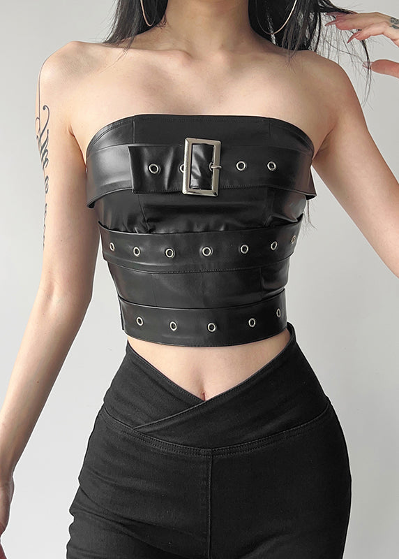 Black Backless Faux Leather Short Strapless Top