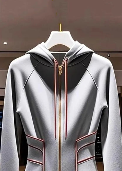 Slim Fit Grey Hooded Zippered Cotton Coat Fall