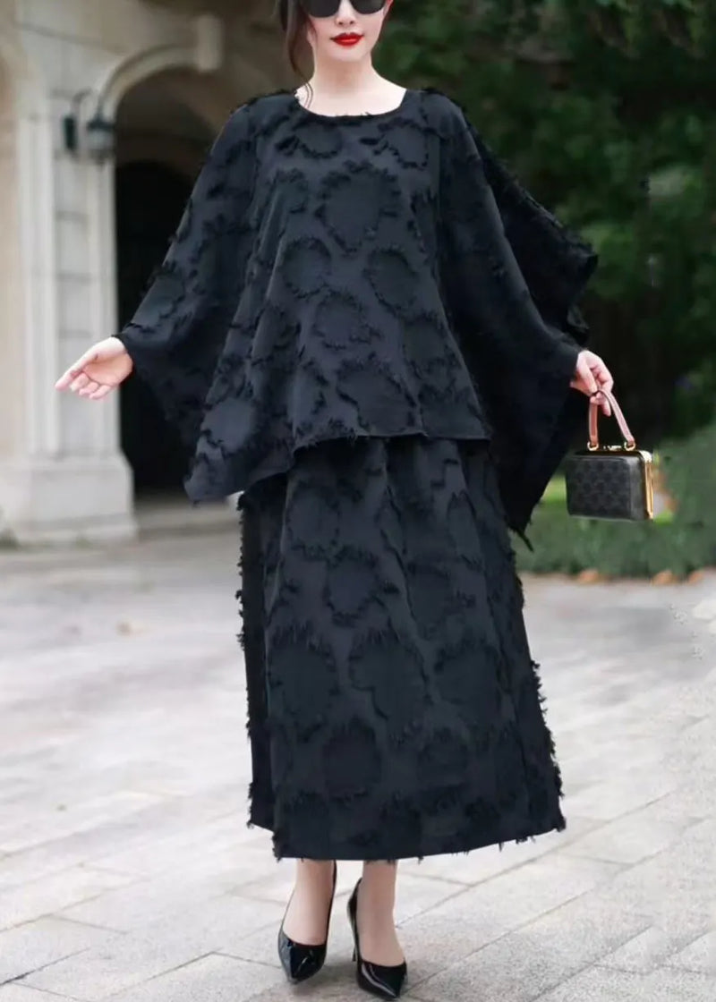 Loose Black O Neck Tops and Skirts Cotton Sets 2 Pieces Fall