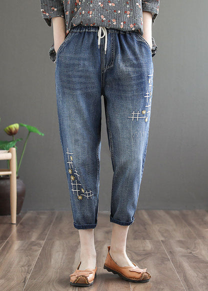 Denim Blue Elastic Waist Embroidered Cotton Crop Pants Spring