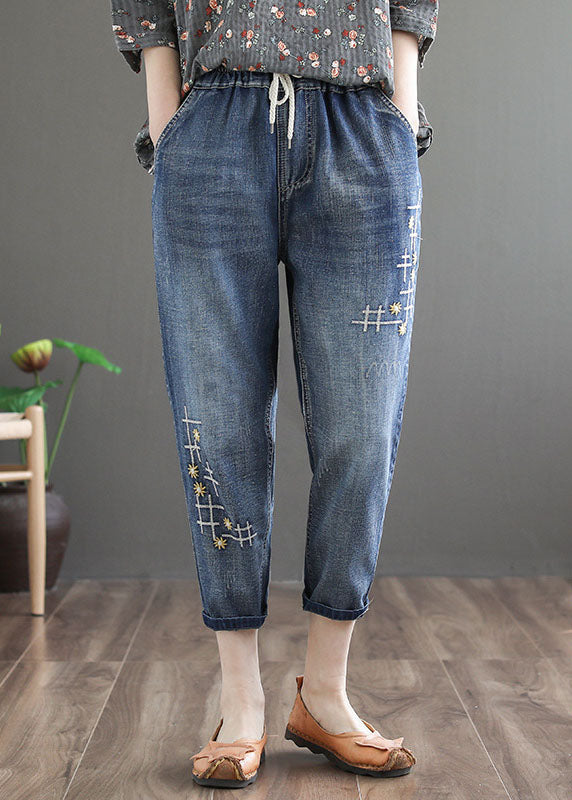 Denim Blue Elastic Waist Embroidered Cotton Crop Pants Spring