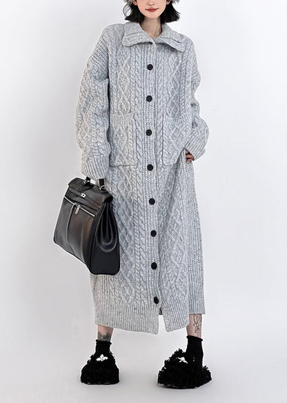 Grey Hign Neck Button Long Knit Cardigan Winter