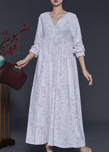 Light Purple V Neck Print Cotton Ankle Dress Spring