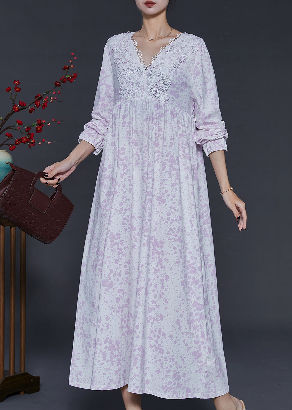 Light Purple V Neck Print Cotton Ankle Dress Spring