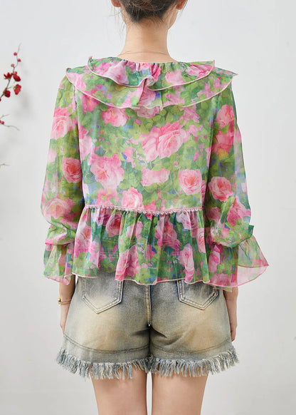 Green Ruffled Print Chiffon Shirts Spring