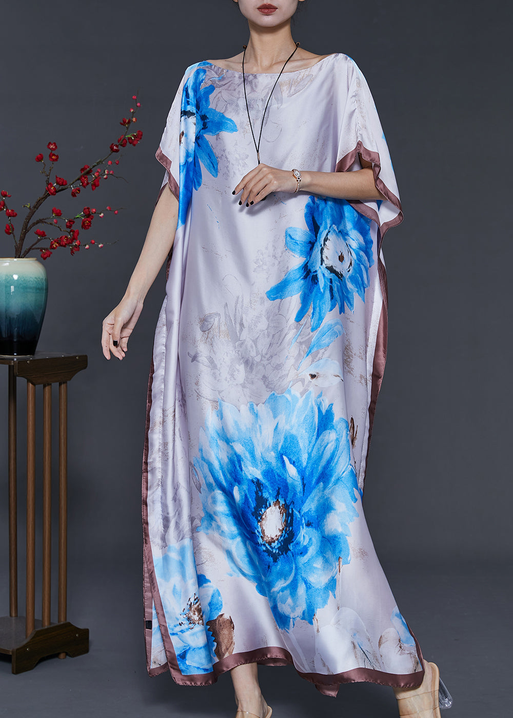 White Flower Print Silk Maxi Dresses Summer