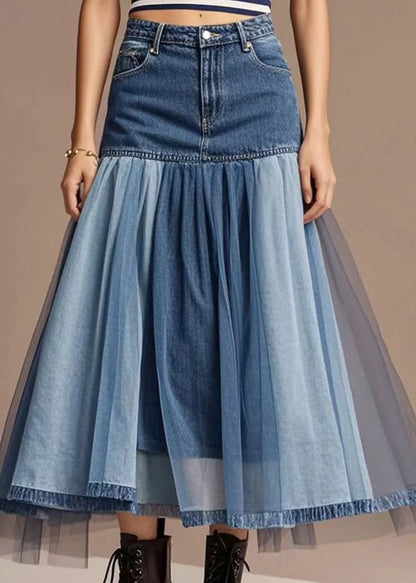 Italian Blue High Waist Patchwork Denim Skirts Fall