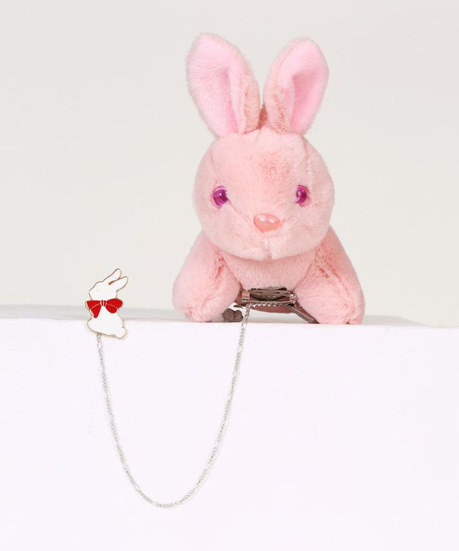 Pink Alloy Chain Plush Rabbit Brooches