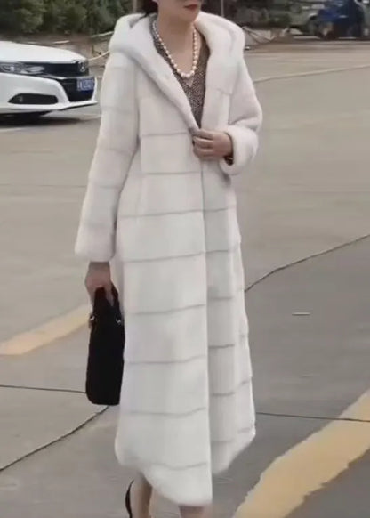 Beige Hooded Pockets Leather and Fur Long Coats Winter
