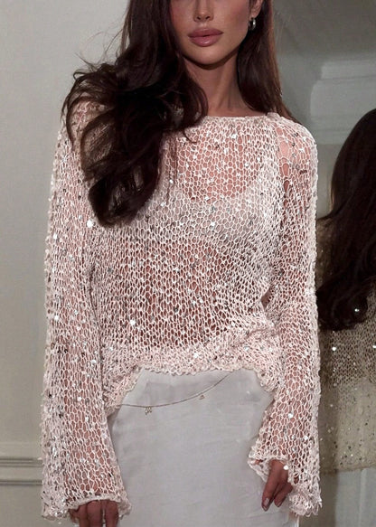 Beige O-neck Hollow Out Sequins Knit Top Spring