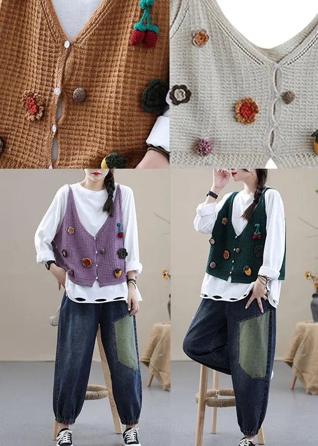 Style Khaki Embroidered Fall Shirt Knit Vest Sleeveless