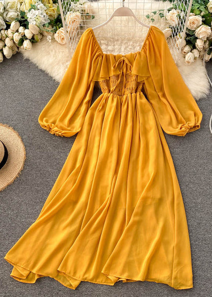 New Pink Square Collar Ruffled Chiffon Dress Fall