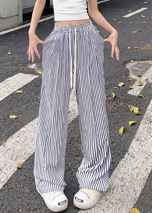 New Blue Striped Pockets Elastic Waist Cotton Pants Summer