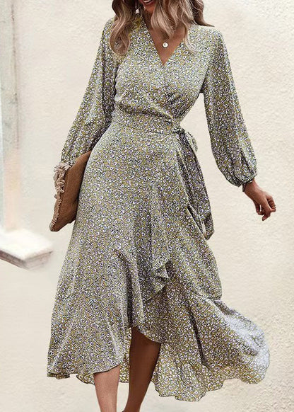 Blue V Neck Print Ruffled Lace Up Chiffon Dress Long Sleeve