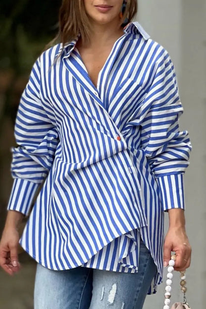 Striped Print Patchwork Asymmetrical Shirt Collar Tops