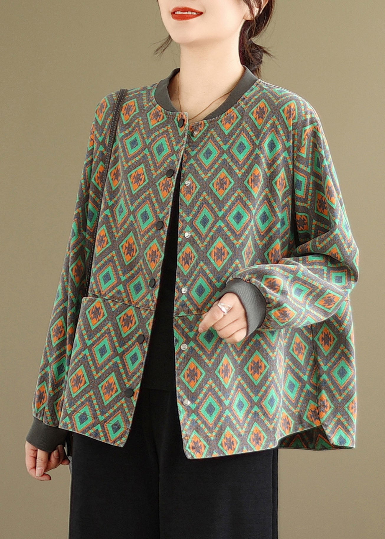 Green O Neck Pockets Print Denim Coat Spring