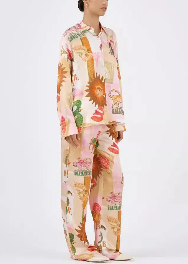 Loose Peter Pan Collar Print Shirts and Pants Cotton Two Pieces Set Spring