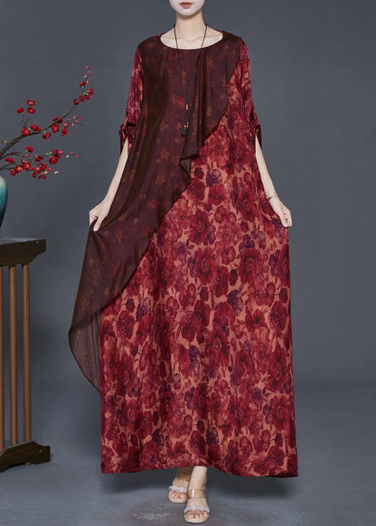 Red Asymmetrical Print Silk Robe Dresses Spring