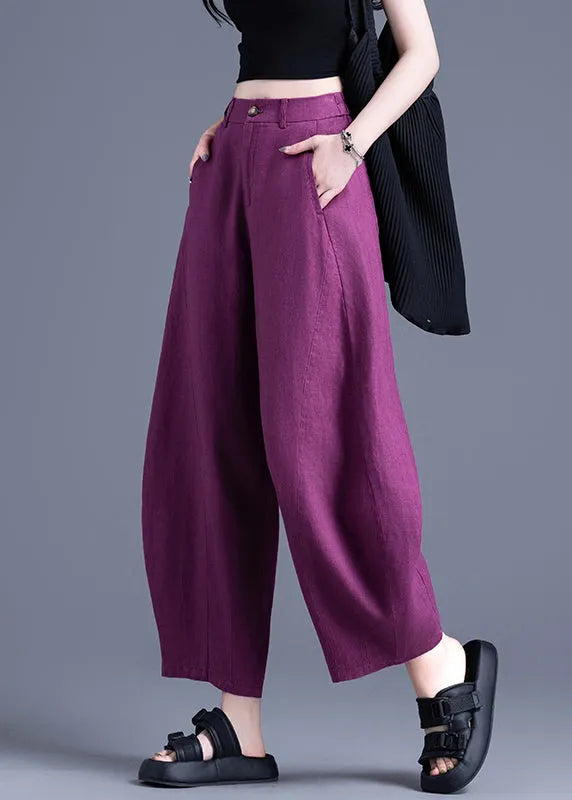 Unique Purple Oversized Pockets Linen Pants Trousers Summer