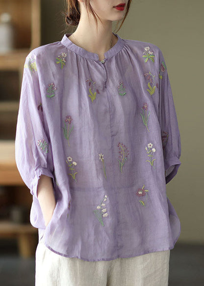 Purple Embroidered Loose Fall Three Quarter Sleeve Top